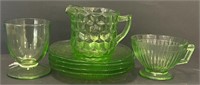 Uranium Glass Saucers (5.5”), Creamer, & Cups