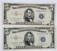 (2) $5 US Silver Certificates