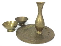 Indian Brass Serving Tray, Bowls & Vase