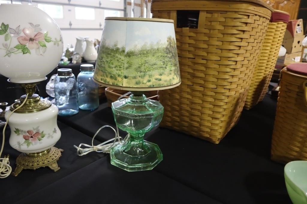 Green electrified oil lamp with paper shade