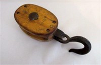 Primitive Barn Wood Pulley with Steel Hook