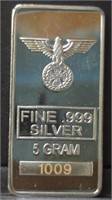 . 999 fine German silver 5 g bar See desc