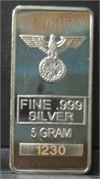 . 999 fine German silver 5 g bar See desc