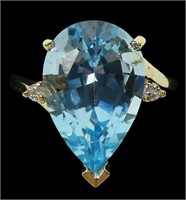 14K Yellow gold large pear cut blue topaz ring,