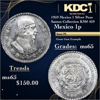 1959 Mexico 1 Silver Peso Santos Collection KM# 45