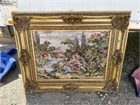 LARGE ORNATE FRAME WITH TAPESTRY