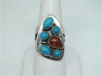 STERLING SILVER TURQUOISE AND CORAL RING