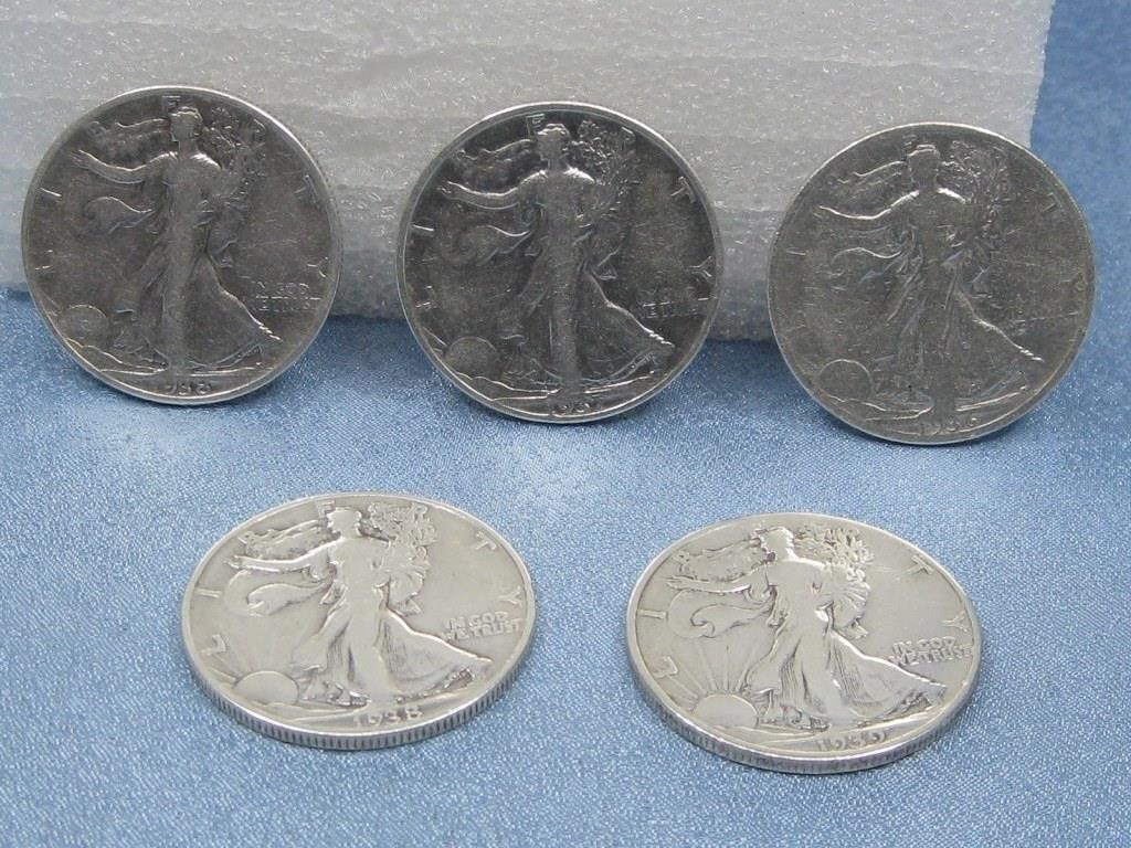 Five Walking Liberty Half Dollar 90% Silver