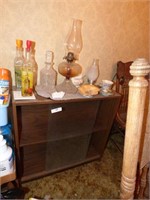 CABINET & CONTENT, OIL LAMP GLASS ITEMS