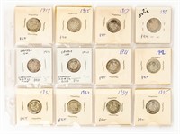 Coin Sheet of 12 Old Canadian Silver Dimes