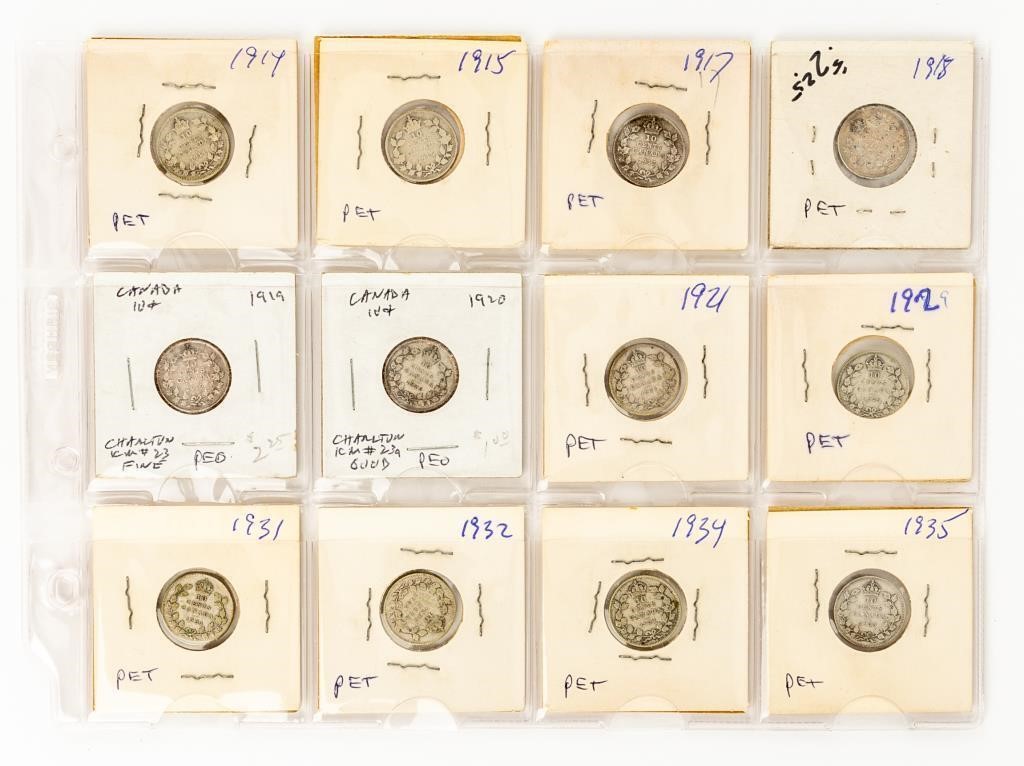 Coin Sheet of 12 Old Canadian Silver Dimes