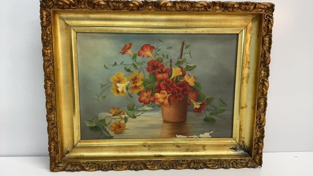 Original oil painting of flowers in vase by N M