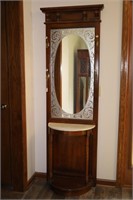 WALNUT MARBLE TOP HALL TREE WITH MIRROR