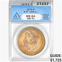 1878 8TF Morgan Silver Dollar ANACS MS64 OBV PL