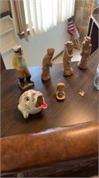 Wood carved figurines, barware its glass, pitcher