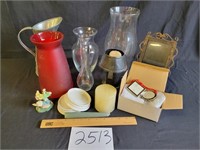 Metal Pitcher, Vases, Candle Holers & Picture