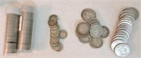 Lot of 2 rolls Jefferson nickels, 19 silver dimes,