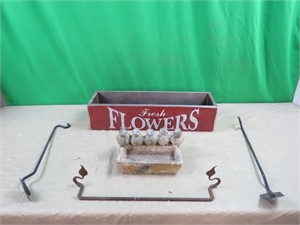 Flower pot, small bird bath, metal hangers