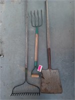 Hay rake, shovel, garden rake