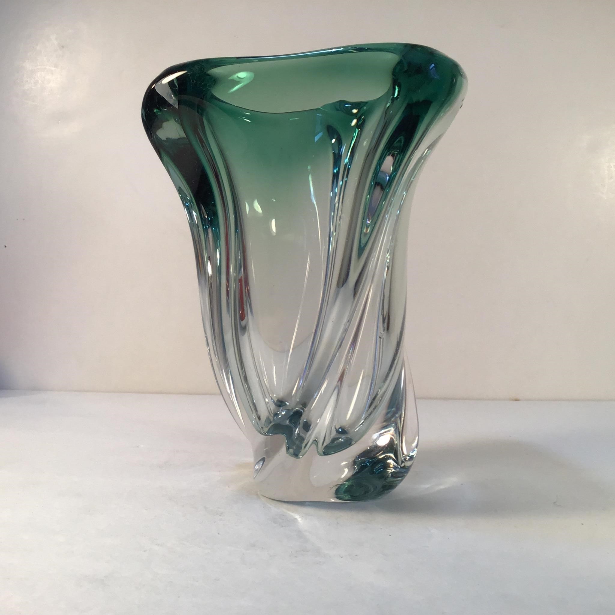 VAL LAMBERT FREEFORM GLASS VASE GREEN RIM