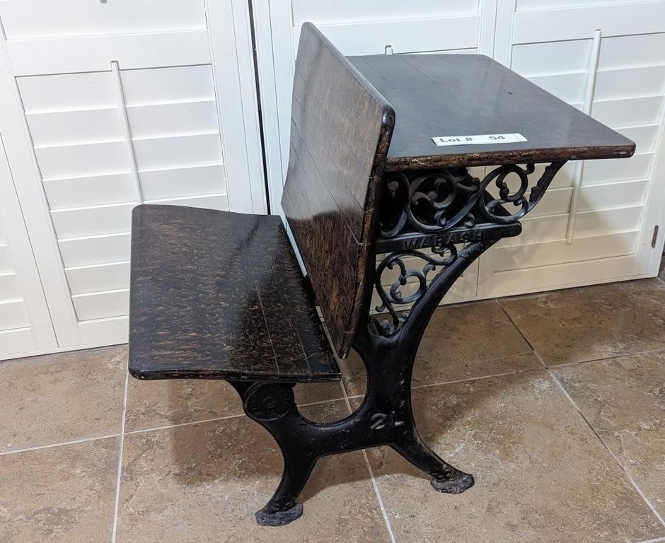 ANTIQUE WABASH WOOD AND WROUGHT IRON SCHOOL DESK W