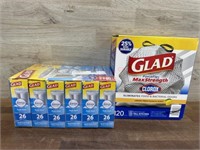 Glad 6 pack 26 ct small trash bags and 120 tall