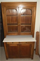 Antique Pine Cupboard Hutch w/ Double Doored Top