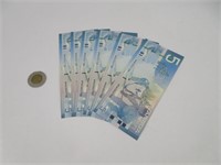 6 billets de 5$ Canada avec numéro de série