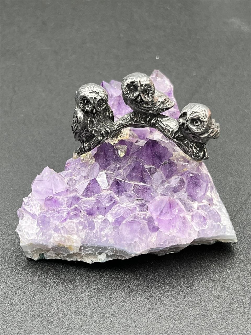 Pewter family of owls mounted on gorgeous amethyst