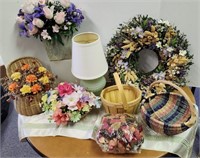 Lamp, baskets, artificial flowers, wreath