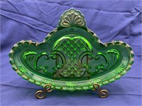 “Croesus” Tab-Handled Dish. Green w/ Gold Trim