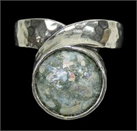 Hammered sterling silver Roman glass ring, made in