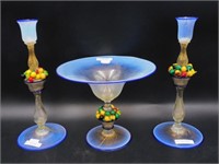 Venetian blown glass, 3 piece console set with