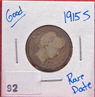 1915-S Barber Quarter, G, Rare Date