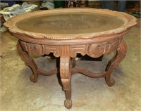 walnut rose carved well table w/removable tray