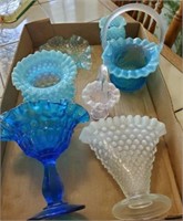 TRAY OF HOBNAIL, FENTON TYPE COMPOTES, BASKETS,