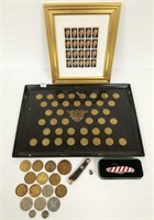 Inlaid coin tray, bronze medal, coins, Regan