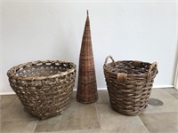 2 Large Wicker Baskets & Wicker Cone