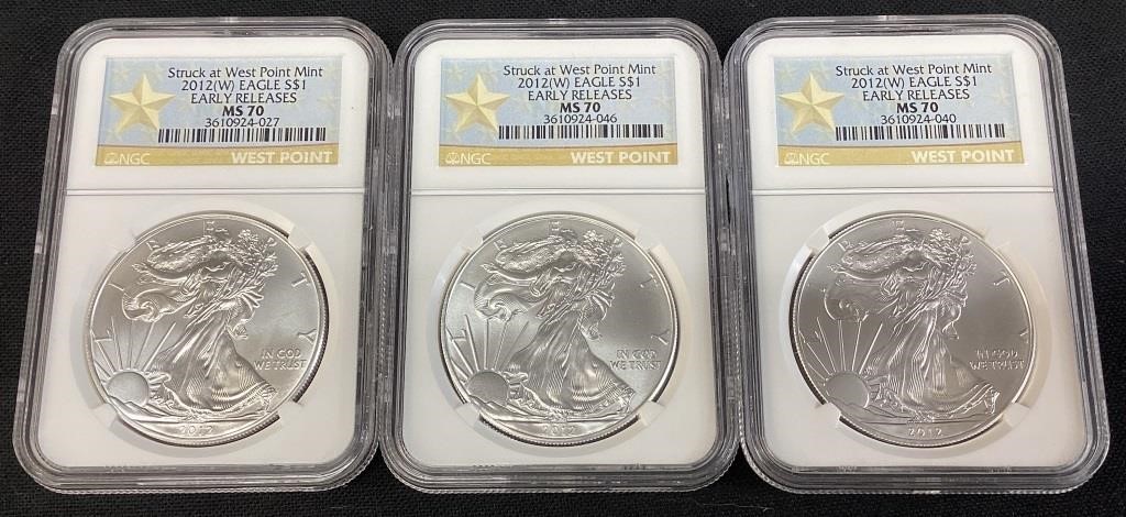 (3) 2012 WEST POINT MINT SILVER AMERICAN EAGLES,