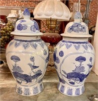 PAIR OF BLUE DECORATED GINGER JARS