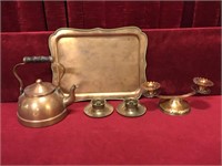 Copper Tray, Teapot & Candle Holders