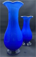 Hand Blown Blue Glass Vase Pair