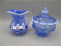 2 Fenton blue opal, 5" pitcher  & powder box