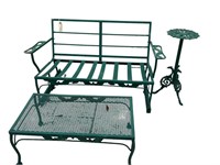 VINTAGE WOODARD WROUGHT IRON GLIDER & TABLES