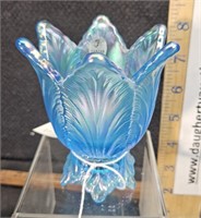 Fenton aquamarine leaf 2 way candle holder, 1999