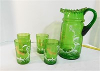 Vintage Green Pitcher & 4 Juice Glasses