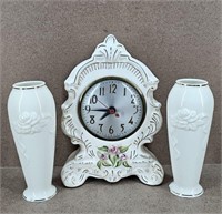 2pc Lenox Rose Vases & Coventry Mantle Clock