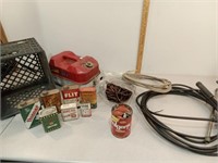 gas can & tool box, power washer hose, vtg tins