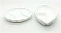 (2) Fenton Milk Glass 3 Section Dishes - Round & O