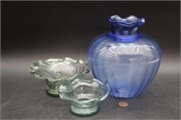 3 Hand-Blown Glass Blue Vase & Fluted Edge Bowls